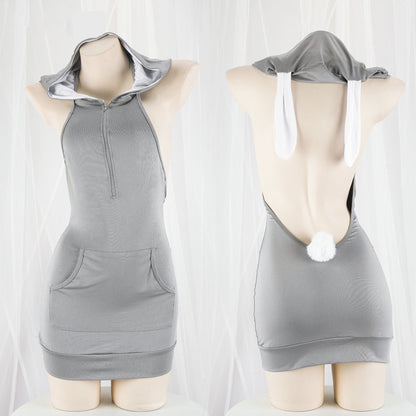 Sexy Backless Hooded Dress Kawaii  Zipper Nightdress