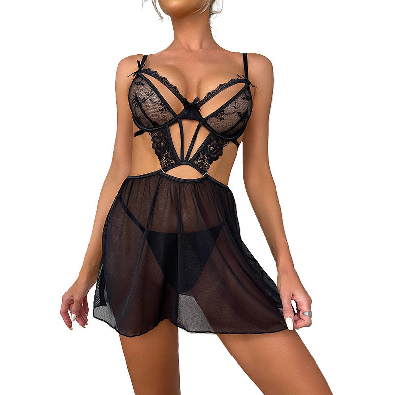 Sexy Erotic Bodysuit with Bowknot Lace Trim Light Thin, Uniform Temptation Two-piece Set