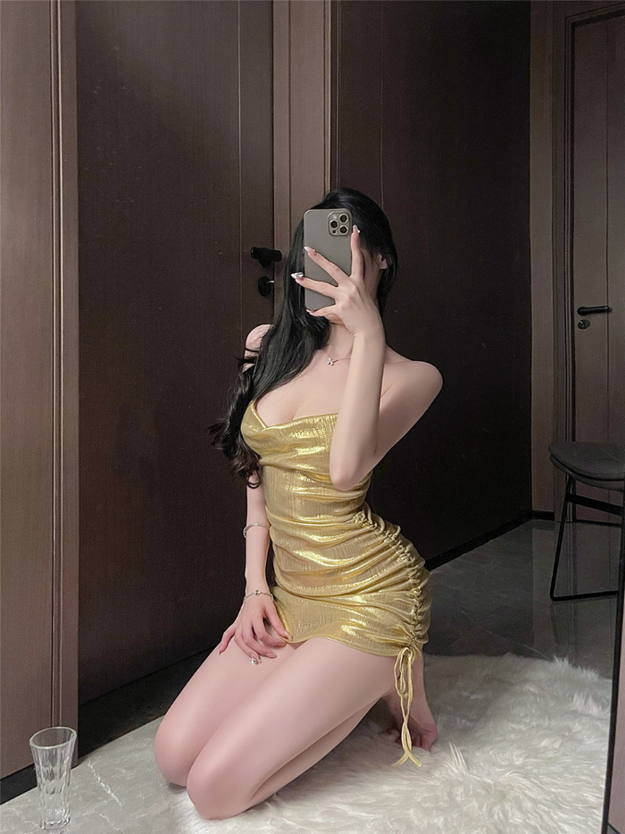 Ruched Metallic Halter Slip Dress Set