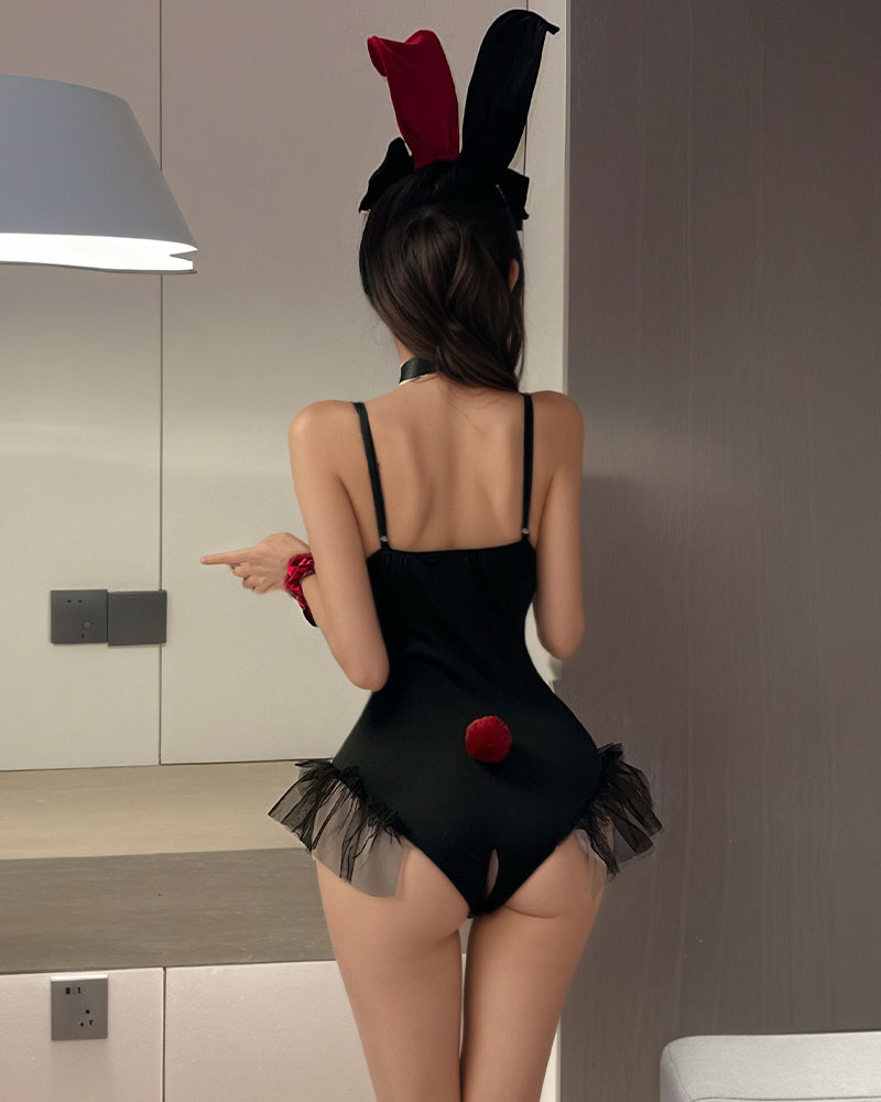 Crotchless Bodysuit with Rabbit Ears + Bracelet