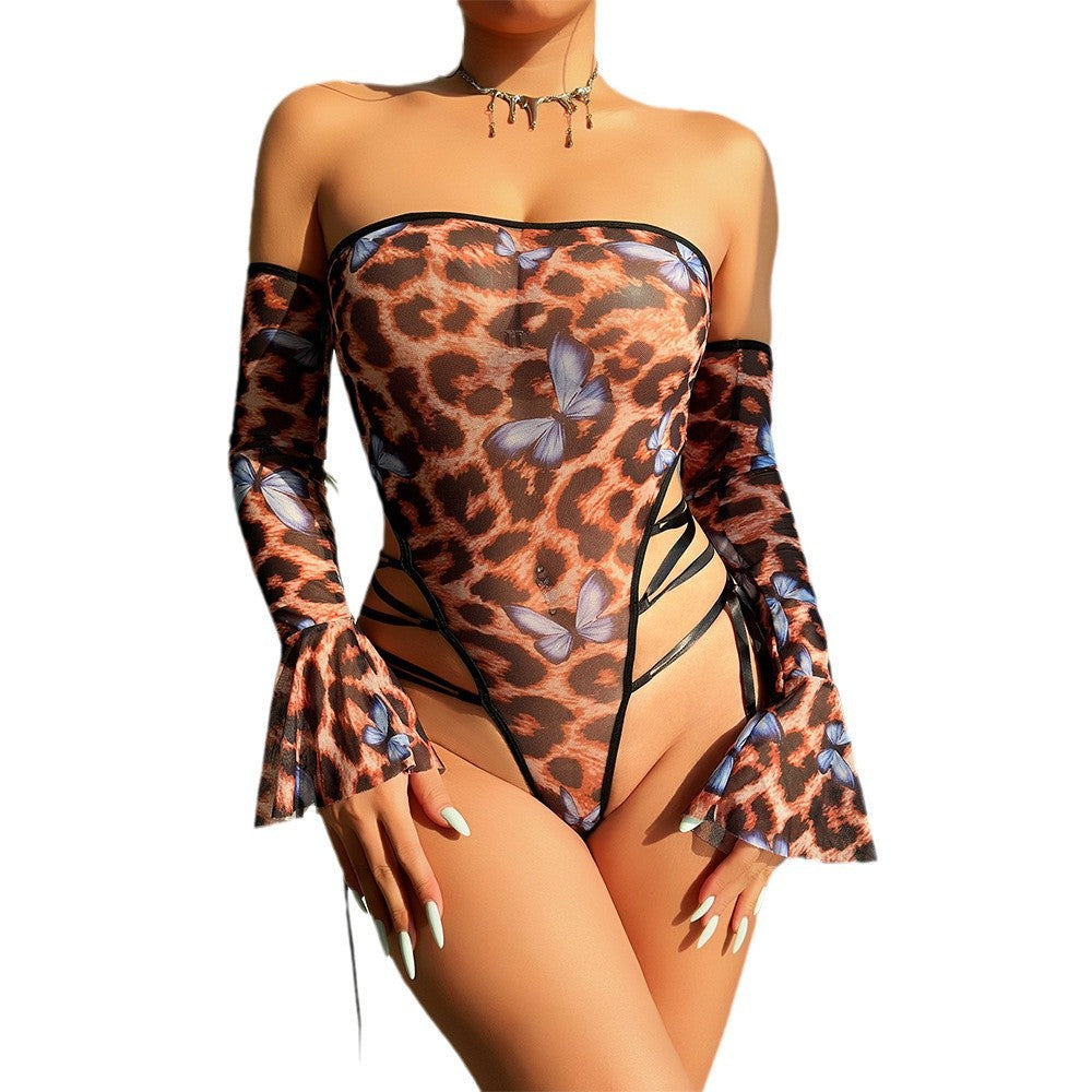 Sexy Erotic Pajamas Leopard Butterfly Print Seductive One-piece Bodysuit