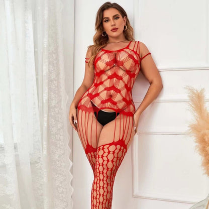 Plus Size Sexy See-through Love Pattern Free off Garter Mesh Bodysuit
