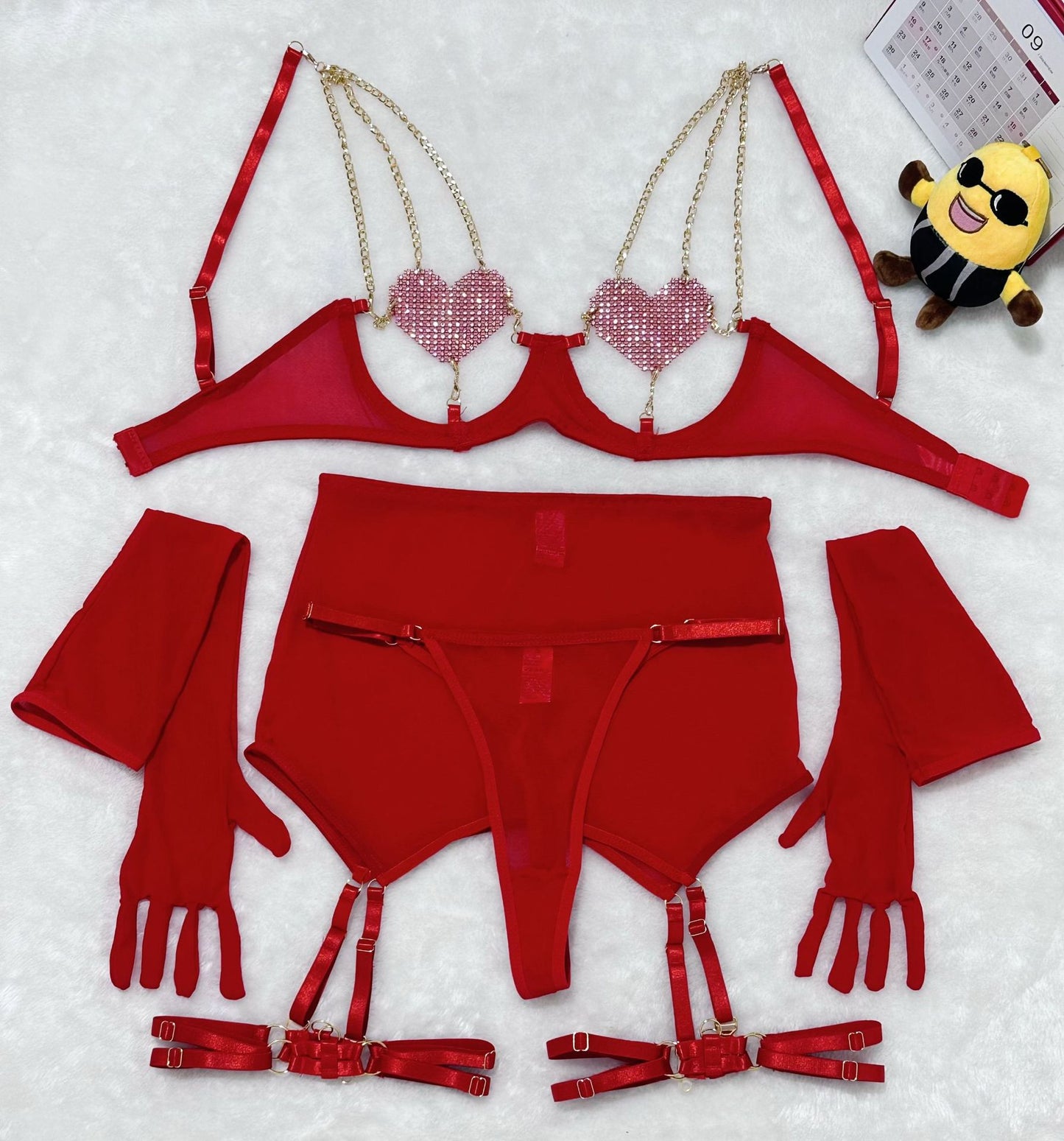 Three-Piece Hollow-Out Heart-Shaped Pasties Metal Chains Alluring Appeal Sexy Lingerie Set