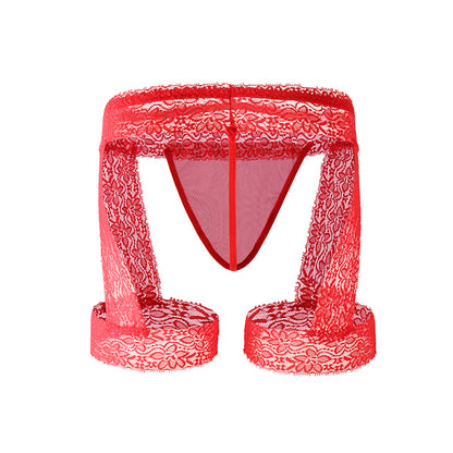 Men's Lace Tirm Bulge Pouch G-String Underwear with Garter