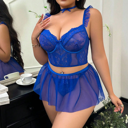 Large Size Sexy Three-point Mesh Lace Semi-transparent Sexy Lace Lingerie Set