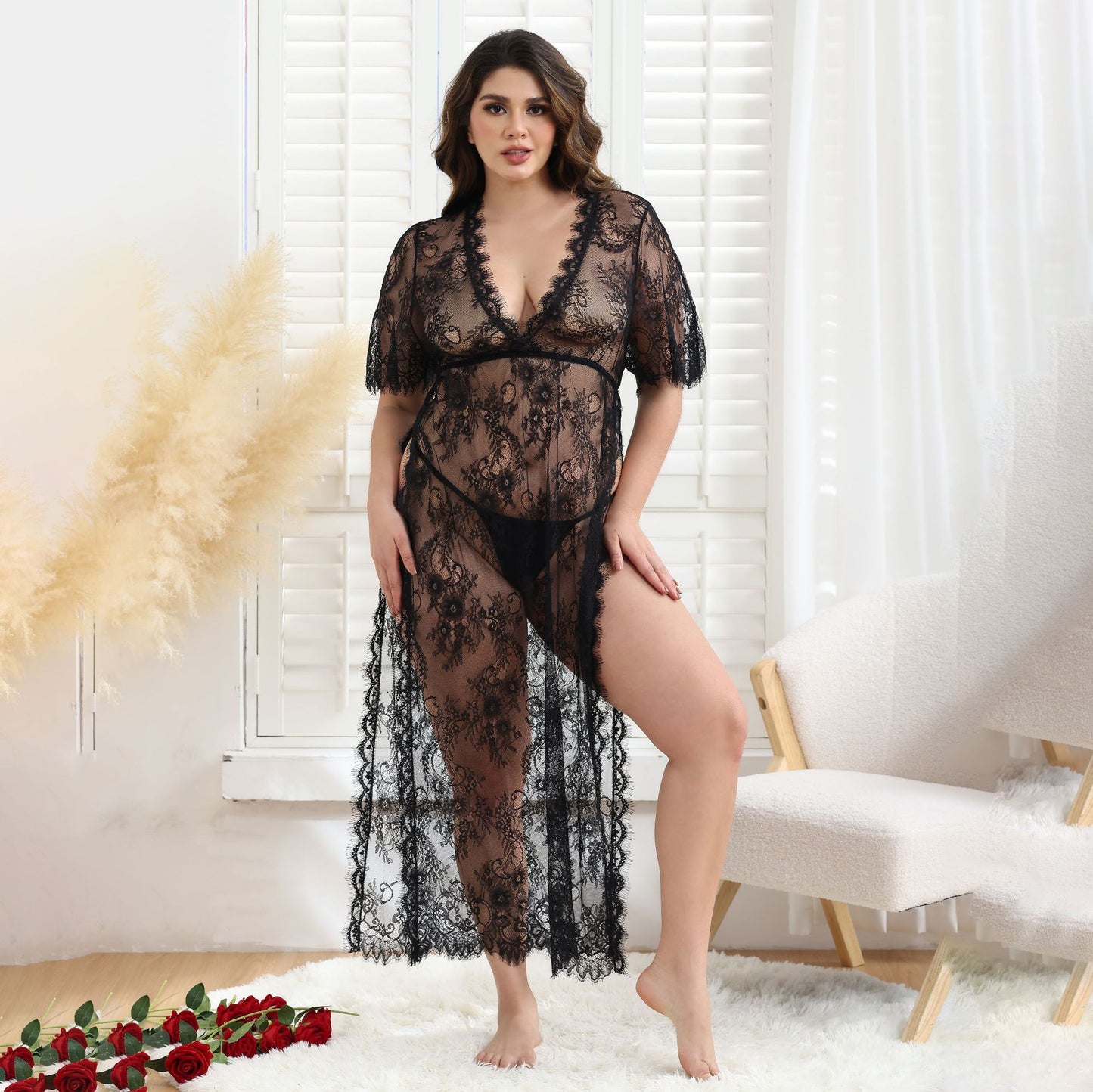 Lace Mesh See-through Sexy Big Dress Sexy Long-Sleeved Suit
