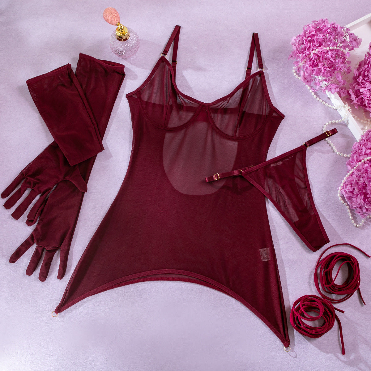 Mesh Sexy Backless See-through Rope Strap Gloves Three-piece Sexy Lingerie