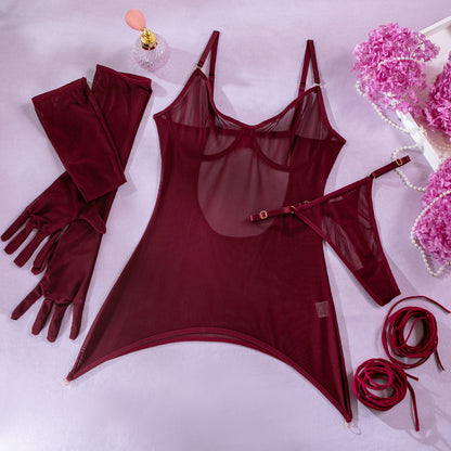 Mesh Sexy Backless See-through Rope Strap Gloves Three-piece Sexy Lingerie