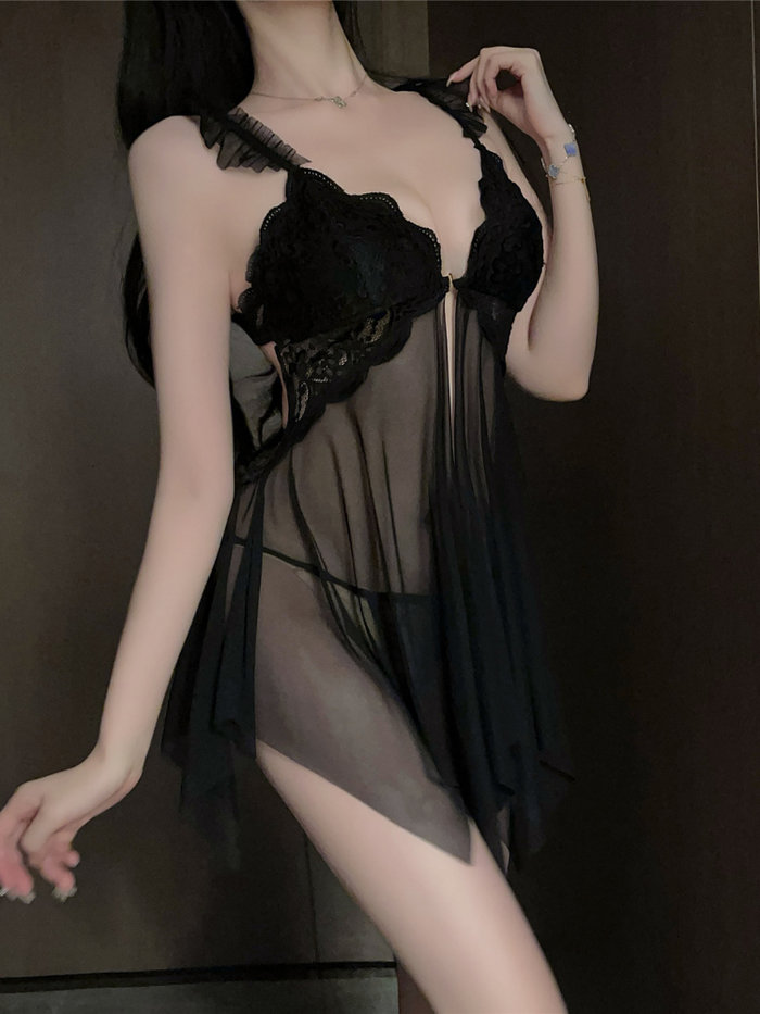 Lace Ruffled Suspender Babydoll Dress with Thong