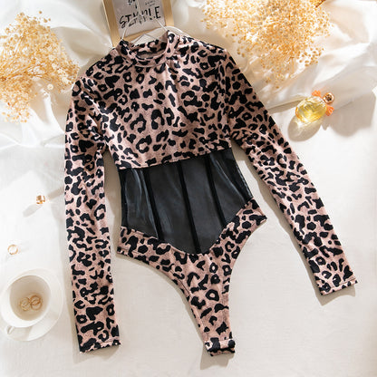 Sexy Leopard Print Mesh Body Shaping Bodysuit with Long Sleeves Leopard Print