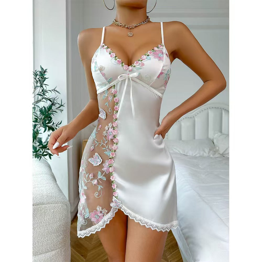 Embroidered Petals See-Through Sexy Nightdress Set