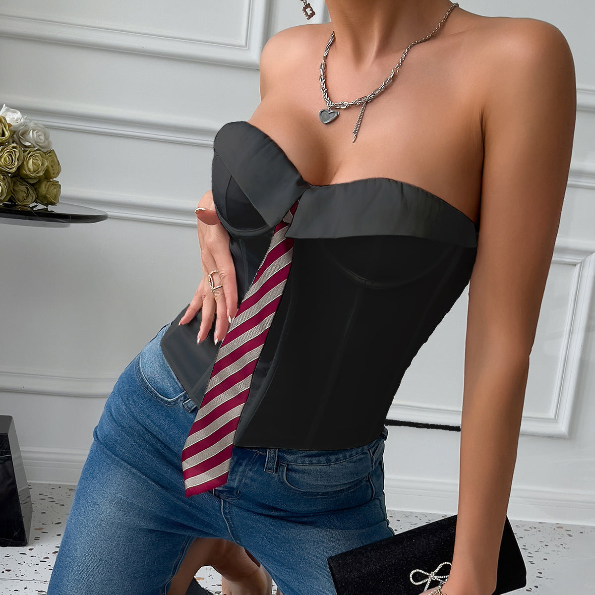 Low-Cut Hot Girl Tie Solid Color Fishbone Lace-up Steel Ring Top