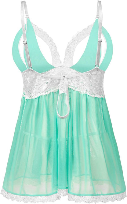 Deep V-Neck Erotic Pajamas Sexy Lingerie with Flower Lace Sleep Dress