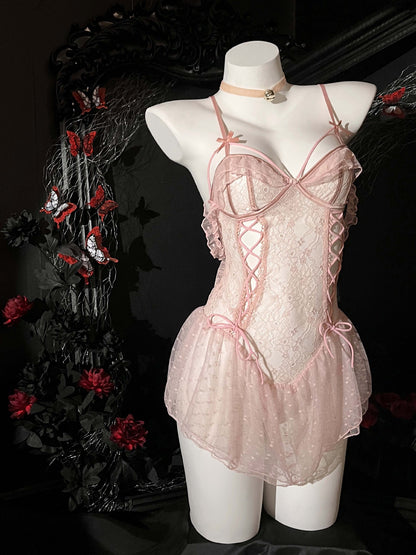 Lace Sheer Strappy Crotchless Nightdress