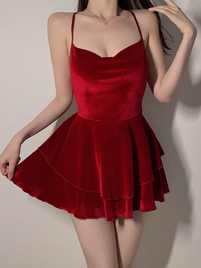 Velvet Layered Suspenders Sexy Nightdress