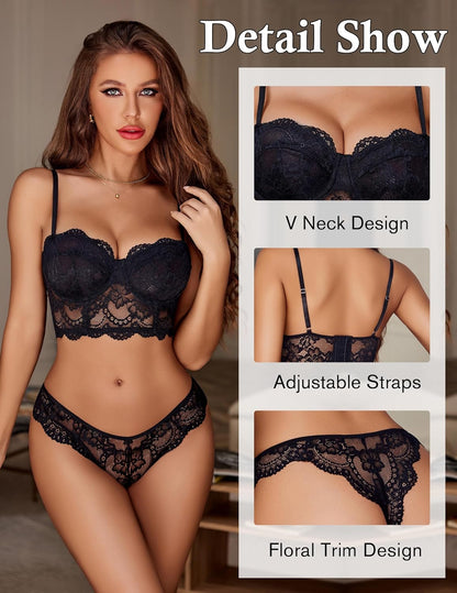 Women's Exquisite 2-Piece Lace Lingerie Set V-Neck Corset Tops Bra PantyNightwear