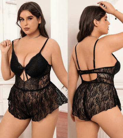 Plus-Size Deep V Backless Bodysuit Sexy Transparent Lace Erotic Set