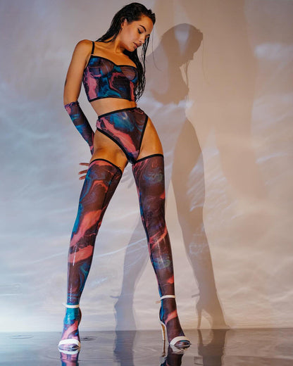 Watercolor Mesh Lingerie Set with Gloves and Hold-Ups