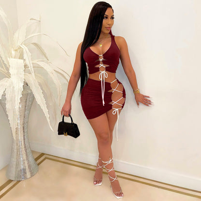 Cross Strap Open Crotch Ultra Short Sexy Two-Piece Suit