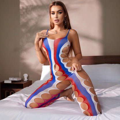 Hollow-out Tight Jumpsuit Red, White and Blue Three-Color Slim Fit Jumpsuit