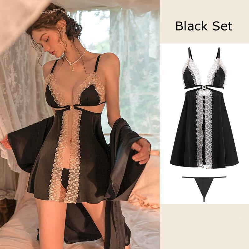 Sexy V-neck Front Buckle Lace Silk Nightgown Set