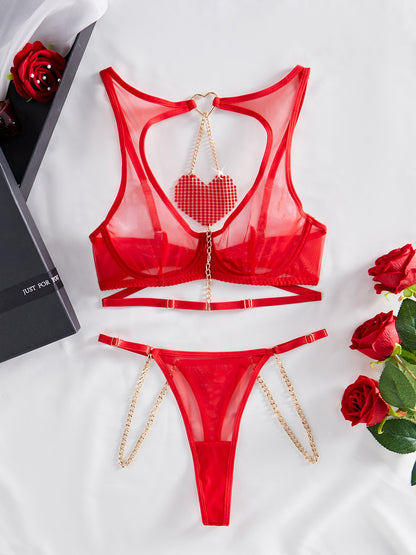 Sexy Lingerie Red Love Chain Comfortable Perspective Mesh Fun Two - piece Set