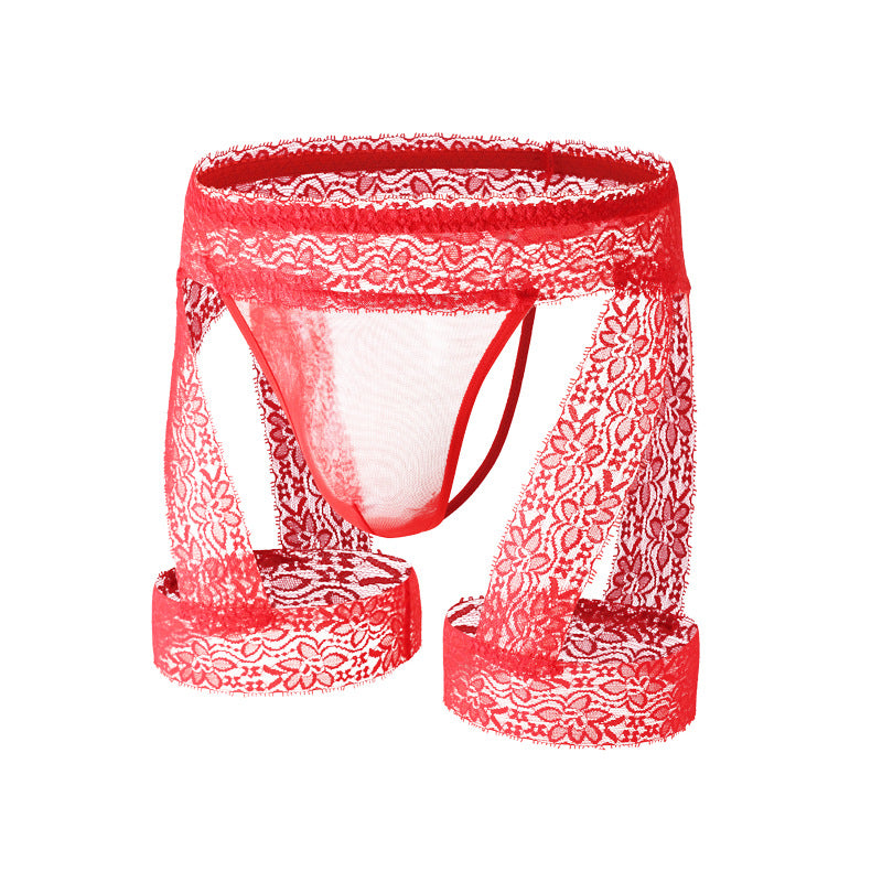 Men's Lace Tirm Bulge Pouch G-String Underwear with Garter
