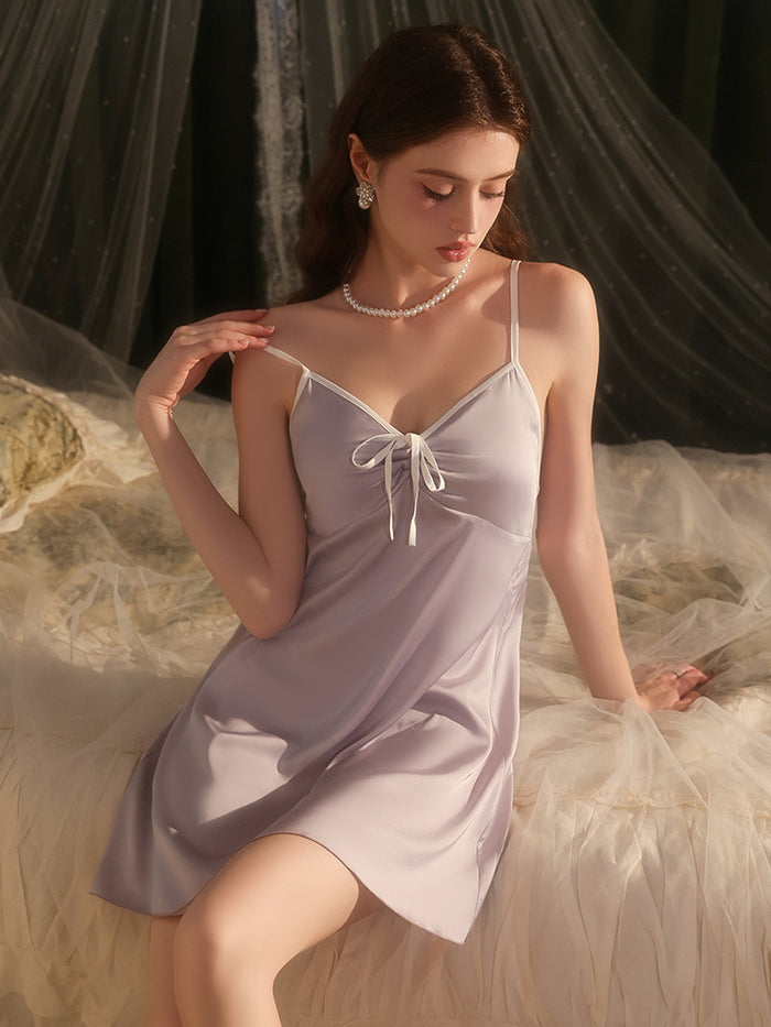 Satin Deep V Bow Detail Slip Dress Nightgown