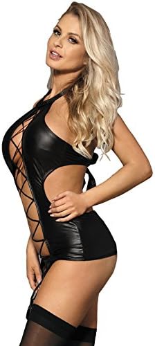 Large Lingerie Set Shiny Faux Leather Lacing-up Tight Hollow-out Sexy Garter Belt One-piece