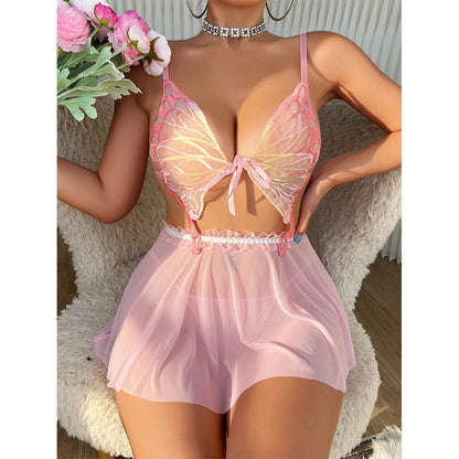 Sexy French Pajamas Water-soluble Butterfly See-through Backless Two-Piece Lingerie Set