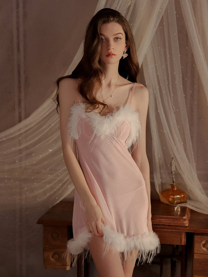Swan Elegance Feather-Trimmed Slip Dress Set