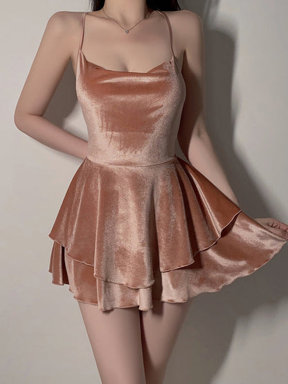 Velvet Layered Suspenders Sexy Nightdress