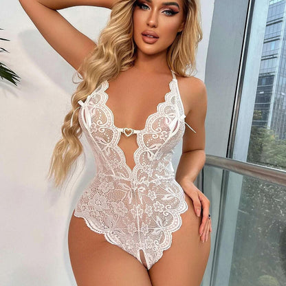 Floral Lace Trim Sheer Teddy Bodysuit