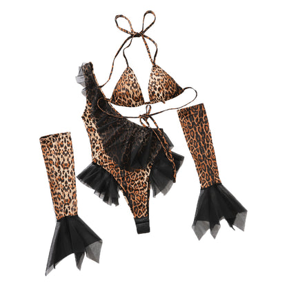 Sexy Neck Hanging Leopard Print Glove Lingerie Set With Crotch Opening For Fun, Three Piece Set