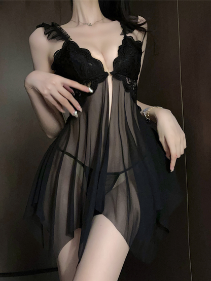 Lace Ruffled Suspender Babydoll Dress with Thong