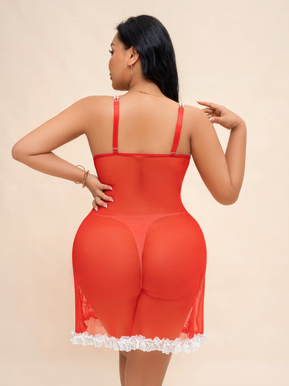 Plus Size Deep V Lace Sheer Slip Dress