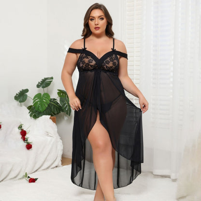 See-through off-the-Shoulder Pajamas Suit Sexy Transparent Lace Long Dress