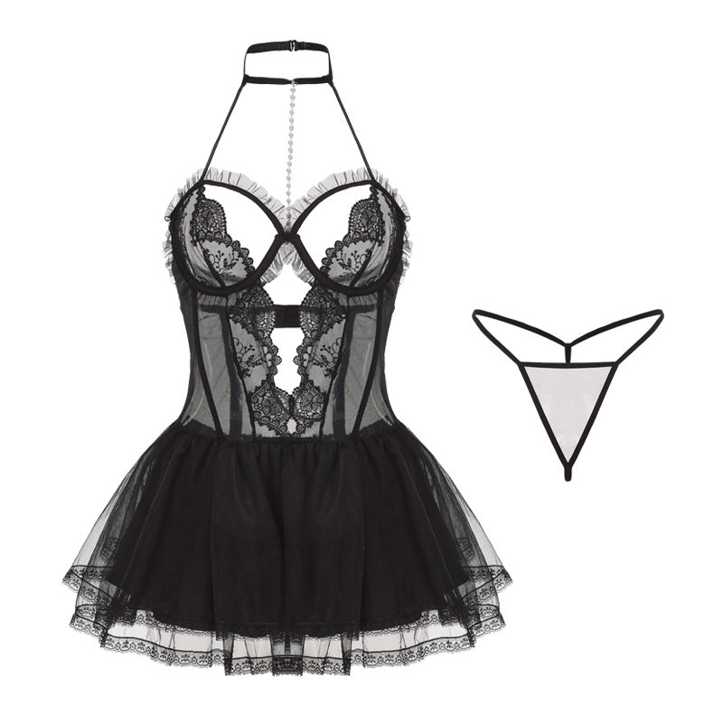 Deep V Mesh Suspender Nightgown With Underwire