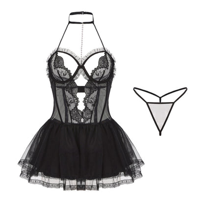 Deep V Mesh Suspender Nightgown With Underwire