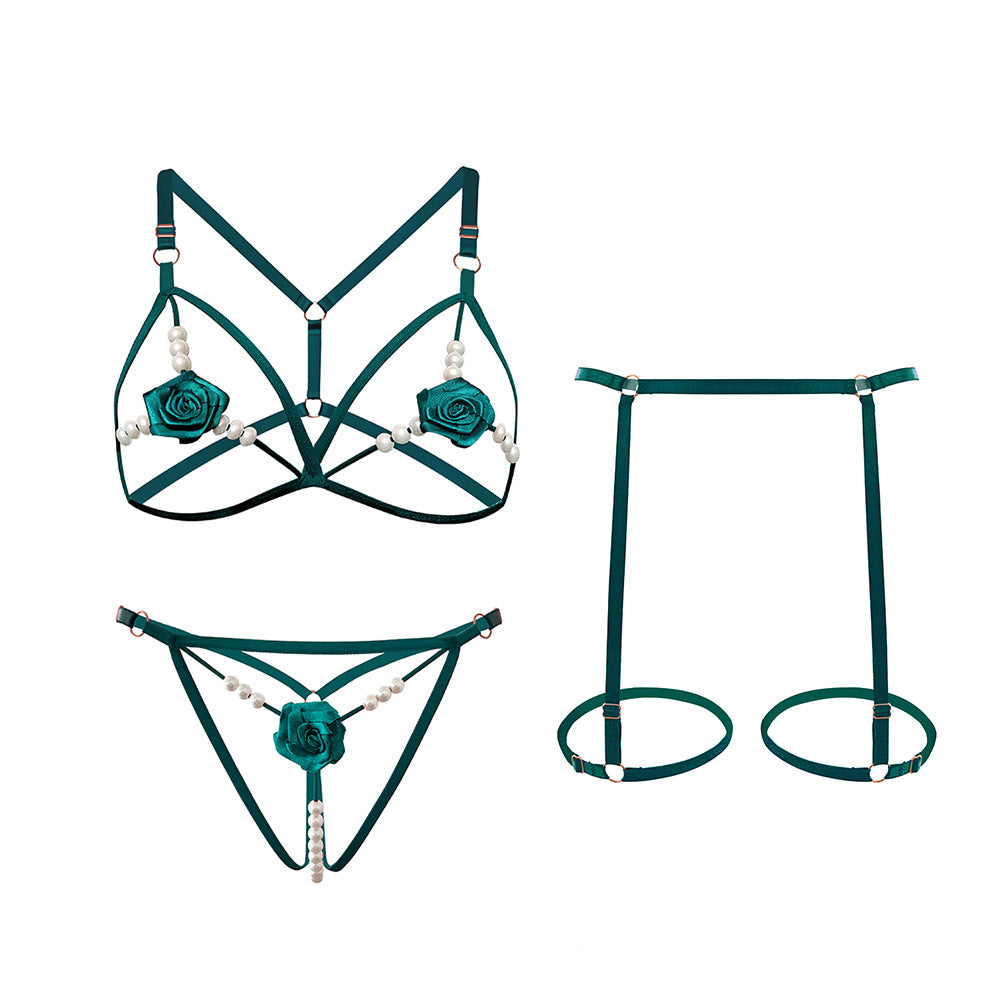 Rose Beaded Three-piece Hollowed-out Lingerie Set