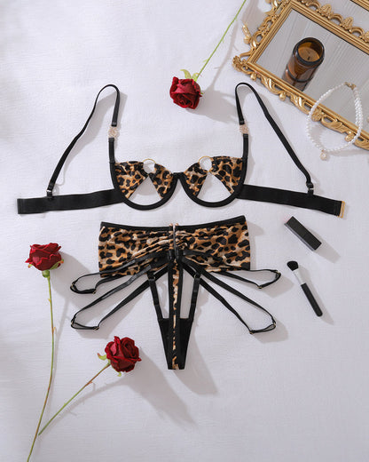 Hollow Out Circle Cup Leopard Lingerie Sets