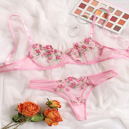 See-through Rose Lace Bikini Sexy Lingerie Set