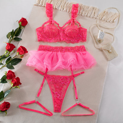 Sexy Lace Underwear Pure and Tempting Chest-Exposing Dress Cute Girlish Three-Piece Set