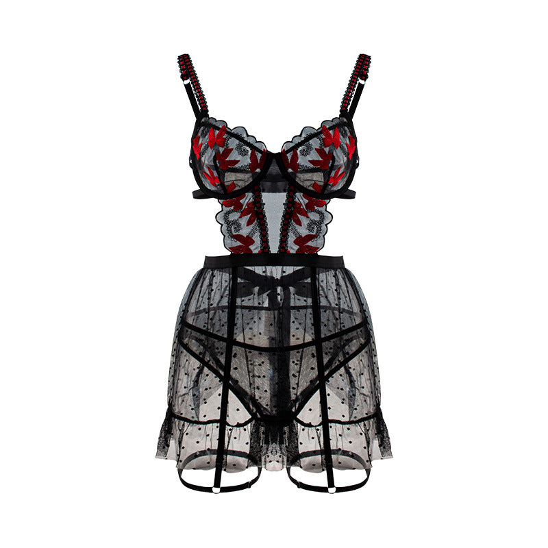 Erotic Sexy Triangle Underpants Spot Mesh Transparent Butterfly Embroidery Sling One-piece Dress Set