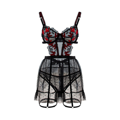 Erotic Sexy Triangle Underpants Spot Mesh Transparent Butterfly Embroidery Sling One-piece Dress Set