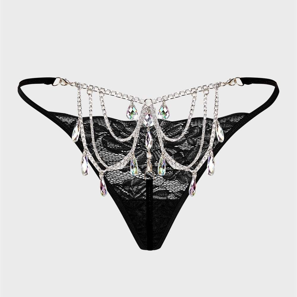 Plus Size Sexy Women's Thong Lace Water Drop Gem Embellished Breathable