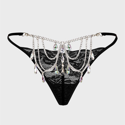 Plus Size Sexy Women's Thong Lace Water Drop Gem Embellished Breathable