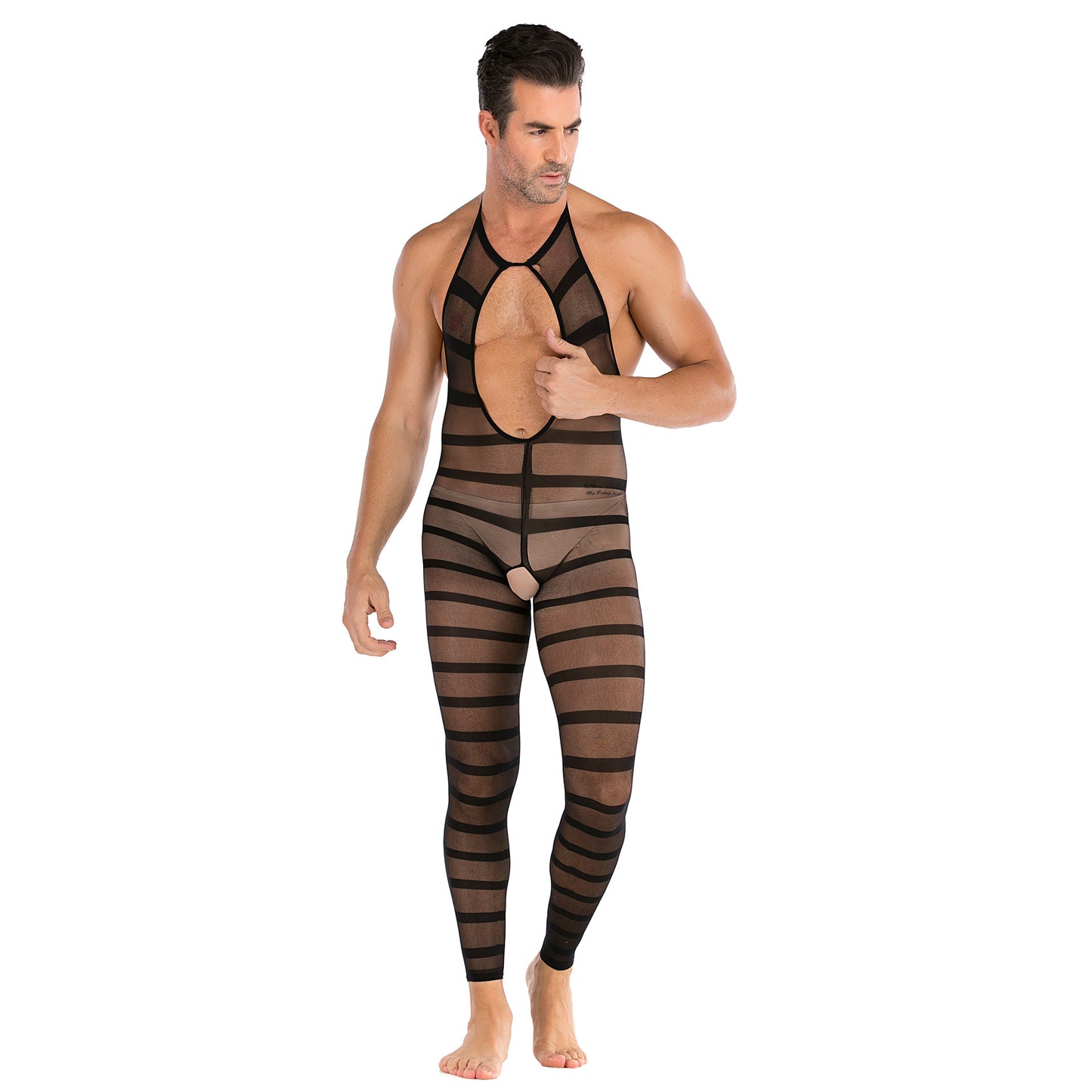 Men's Striped Halter Neck Open Crotch See-Through Bodysuit