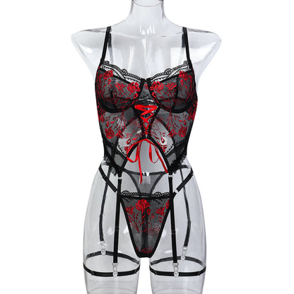 Flower Embroidery Cross Strap Sexy Lingerie Sexy Three-Piece Set