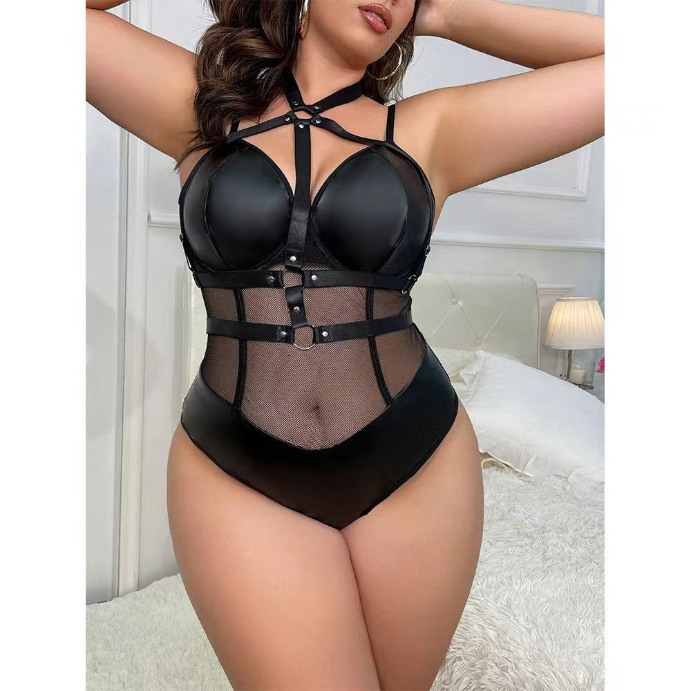 Sexy Mesh Plus-Size Mesh Hollow-Out Erotic Lingerie Tight Bodysuit Set